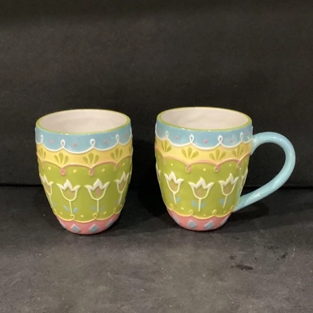 Pier 1 Imports Easter Egg Mugs, Set of‎ 2, 3D Textured Ceramic Coffee Cups